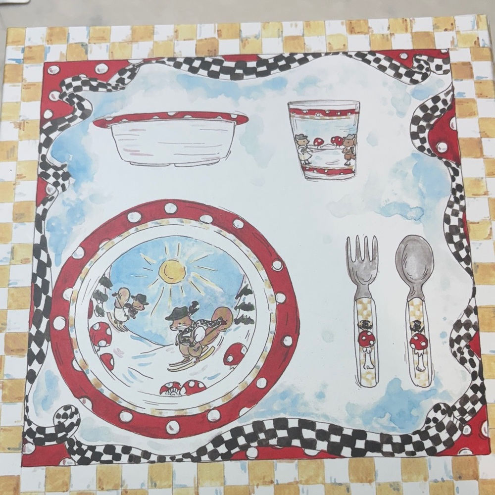 Mackenzie Childs toddler Dinnerware Set with winter design and snowmen